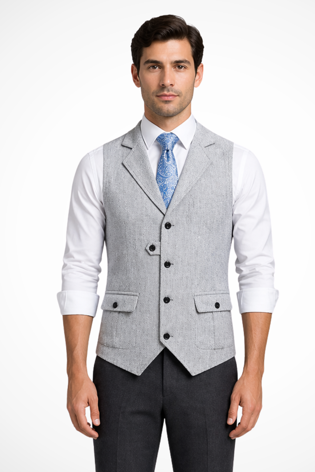 Close-up of men's elegant herringbone pattern wedding waistcoat, perfect for formalwear.