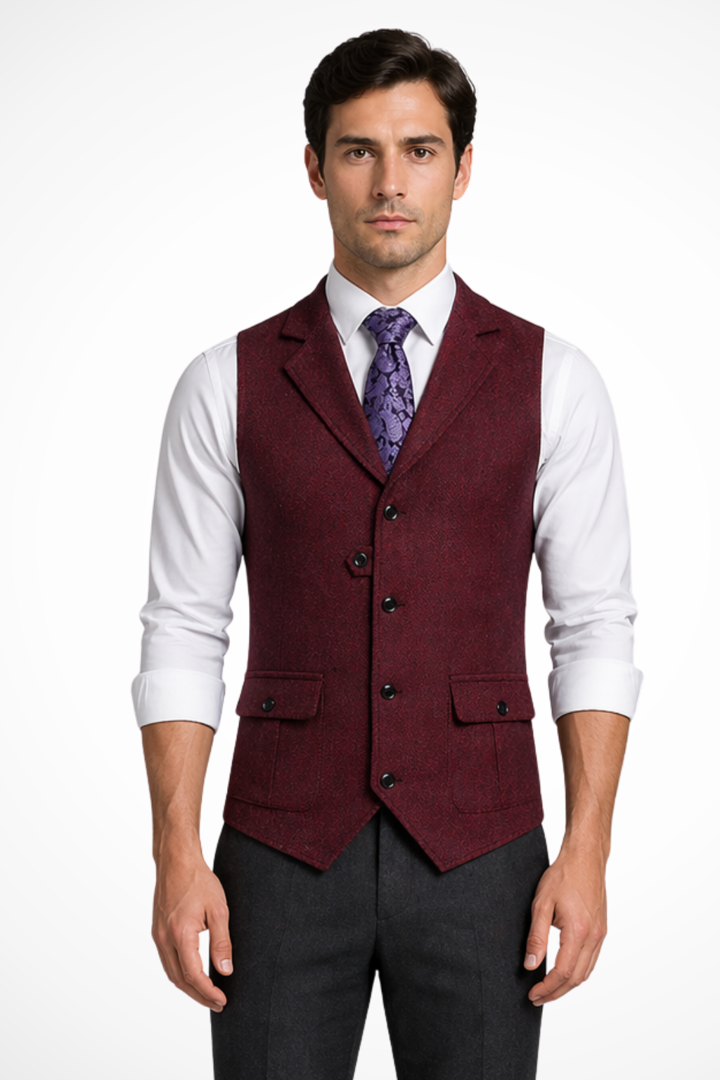 Model in a stylish men's tailored fit herringbone waistcoat, perfect for wedding & formal events.