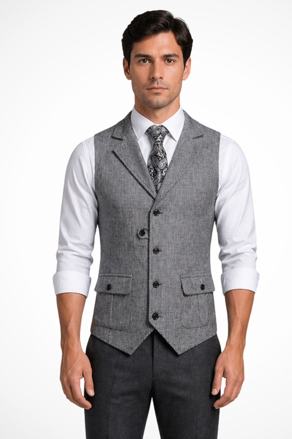 Detail of men's herringbone wedding waistcoat, showing elegant buttons & tailored fit.