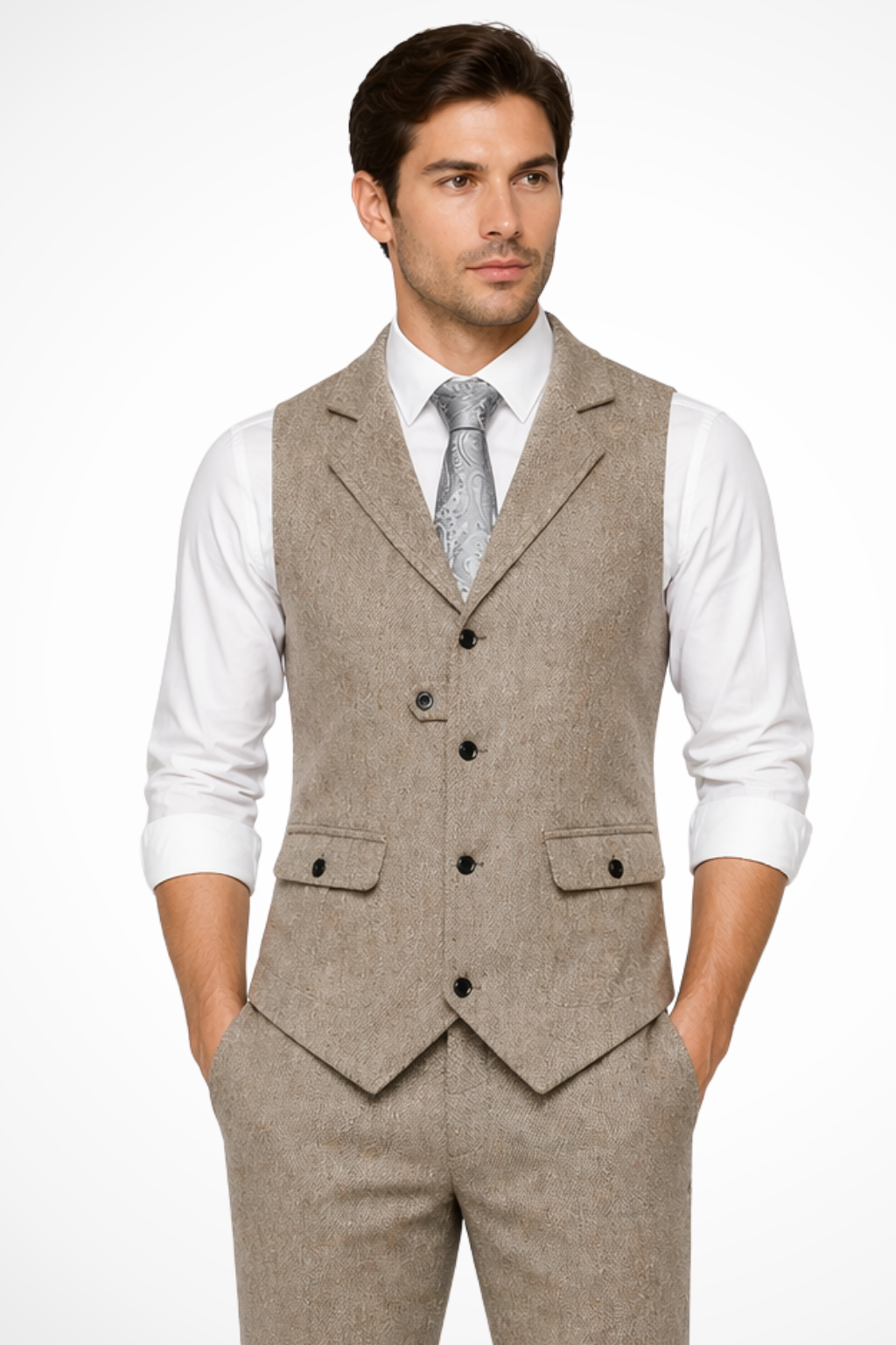 Classic men's herringbone waistcoat, tailored fit, essential for wedding and formal menswear.