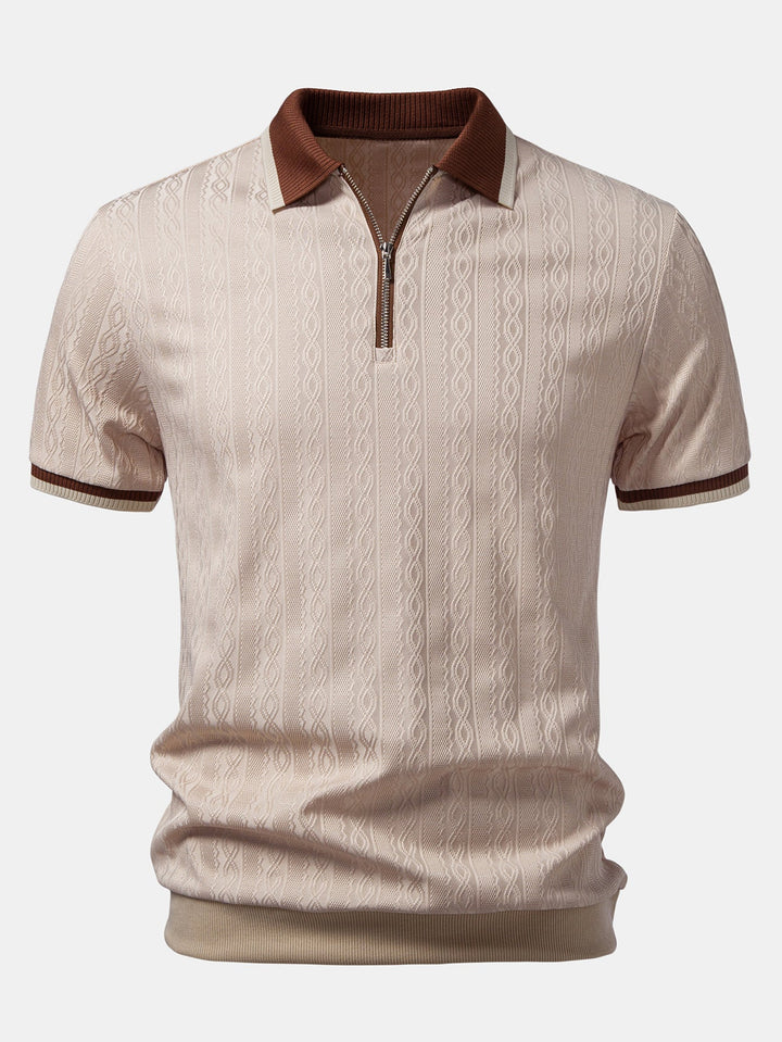 Men's tailored fit quarter-zip polo shirt with textured knit. Refined smart casual style, perfect for summer.