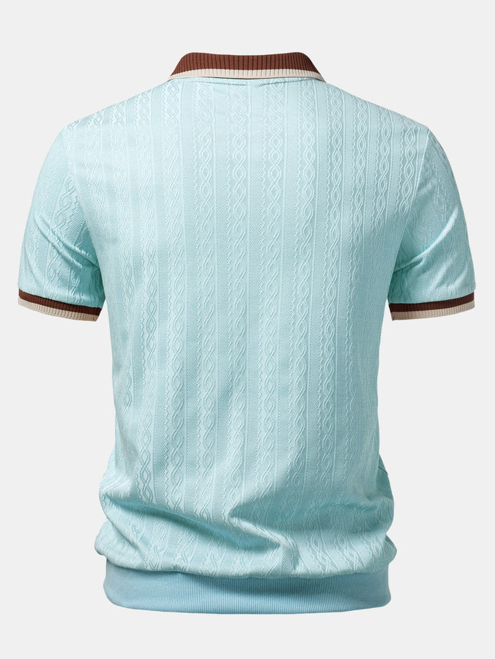 Refined men's quarter-zip polo with a tailored fit & textured knit. Versatile short-sleeve top for smart casual wear.