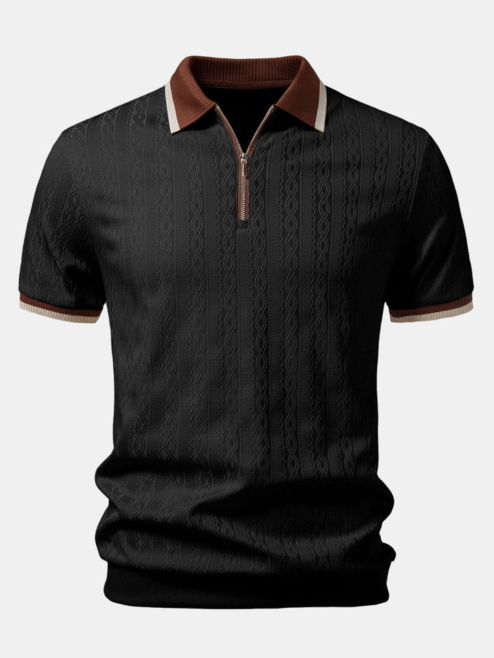 Versatile men's quarter-zip polo, short-sleeve & tailored. Textured knit adds refined touch for everyday or smart casual.
