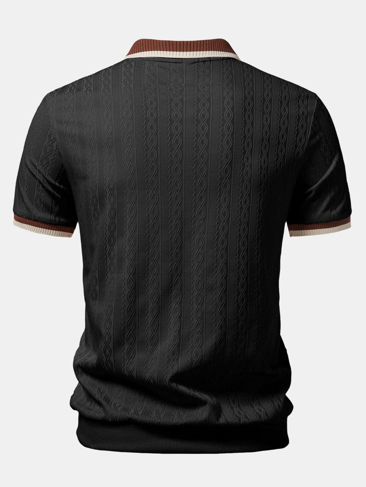 Smart casual men's summer shirt: tailored fit, short-sleeve, quarter-zip polo with stylish textured knit design.