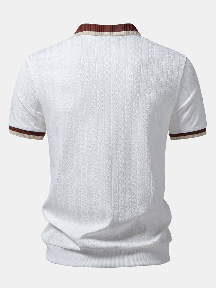 Elegant men's quarter-zip polo, tailored fit & short-sleeve. Textured knit ideal for refined everyday and smart casual outfits.