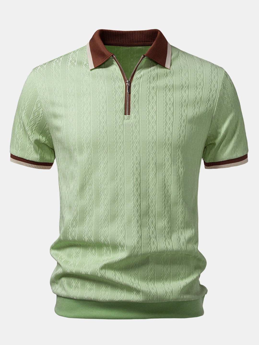 Tailored fit men's quarter-zip polo shirt. Versatile short-sleeve top with subtle textured knit for smart casual style.