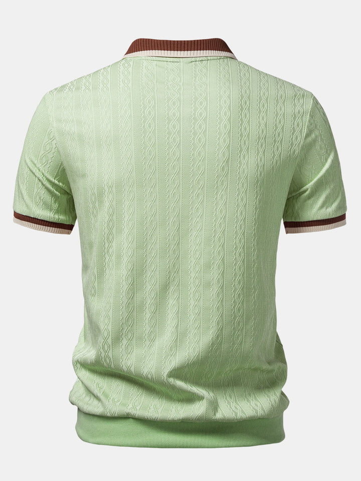 Textured knit men's polo shirt featuring a quarter-zip and tailored short-sleeve design. Perfect for smart casual outfits.