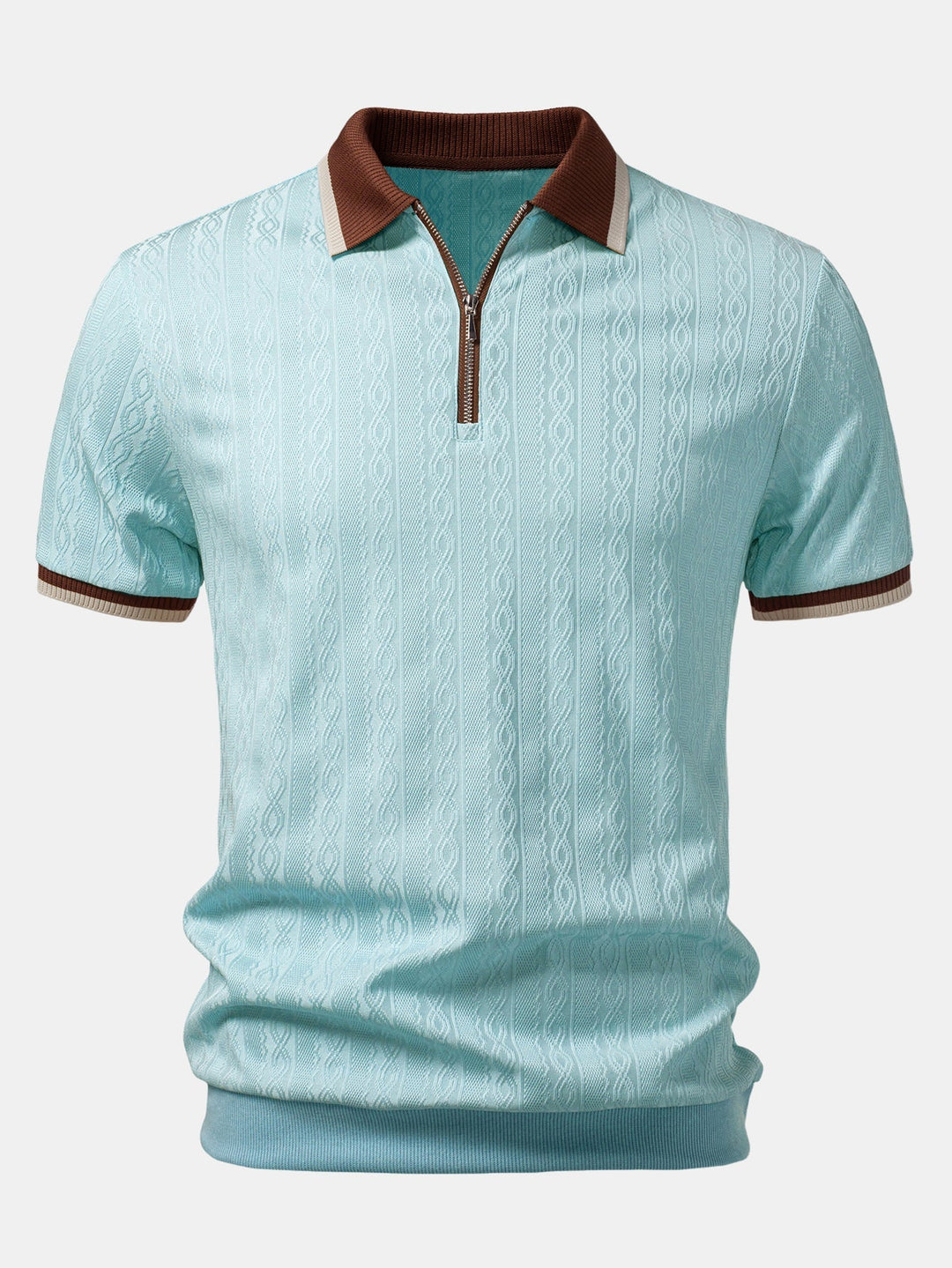 Men's short-sleeve quarter-zip polo with a refined tailored fit & textured knit. Ideal for smart casual summer style.