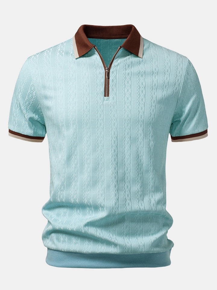 Men's short-sleeve quarter-zip polo with a refined tailored fit & textured knit. Ideal for smart casual summer style.
