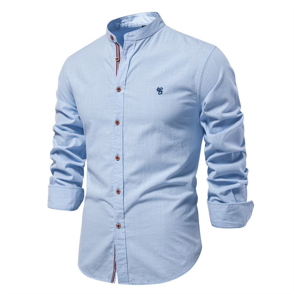 Men's tailored fit short sleeve shirt with a sleek stand collar. Minimalist summer style for men.