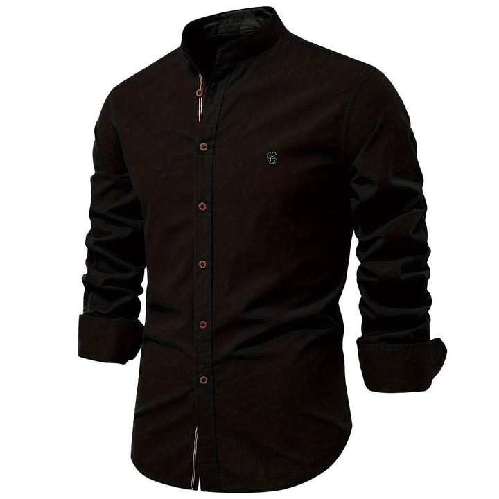 Minimalist men's short sleeve stand collar shirt, perfect for smart casual summer outfits.