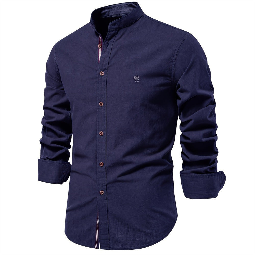 Tailored fit men's short sleeve shirt, stand collar design. Comfortable and stylish for casual wear.