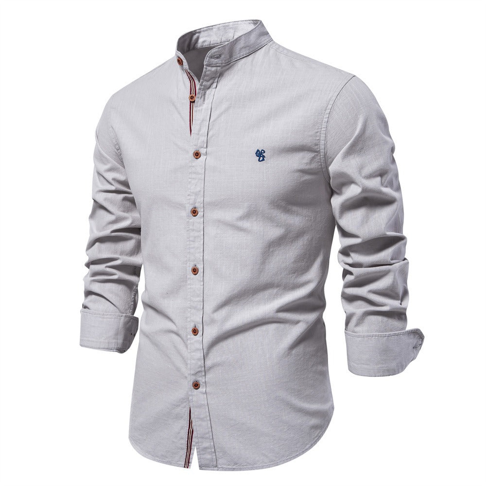 Versatile men's minimalist short sleeve shirt with stand collar. A smart casual wardrobe essential.