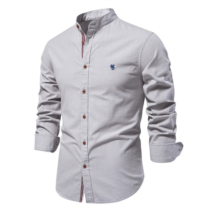 Versatile men's minimalist short sleeve shirt with stand collar. A smart casual wardrobe essential.