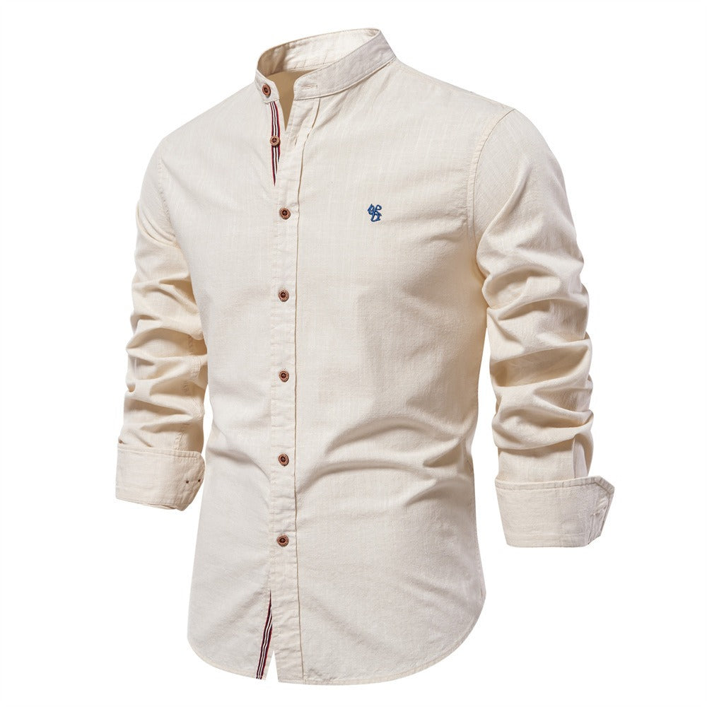 Clean, crisp men's short sleeve shirt featuring a modern stand collar and tailored fit.