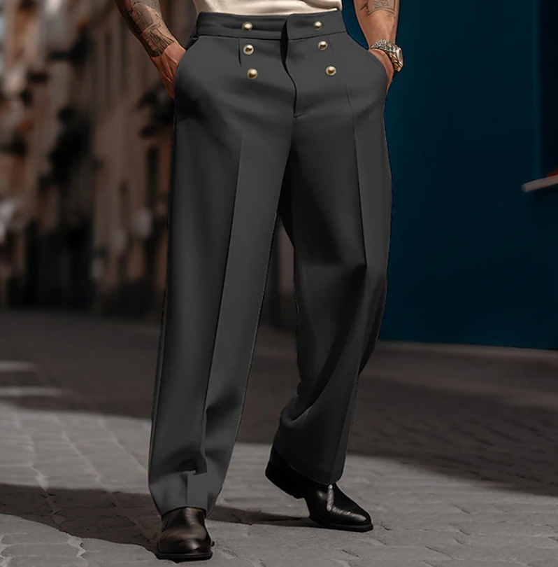 Men's tailored high-waist wide-leg statement trousers in black, perfect for formal and smart casual fashion.