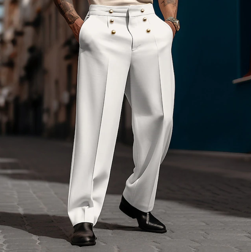 Elegant men's white tailored high-waist wide-leg trousers, ideal for sophisticated smart casual or formal wear.