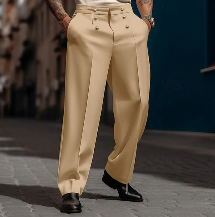 Sophisticated men's beige high-waist tailored wide-leg statement pants for an elegant formal or smart casual look.
