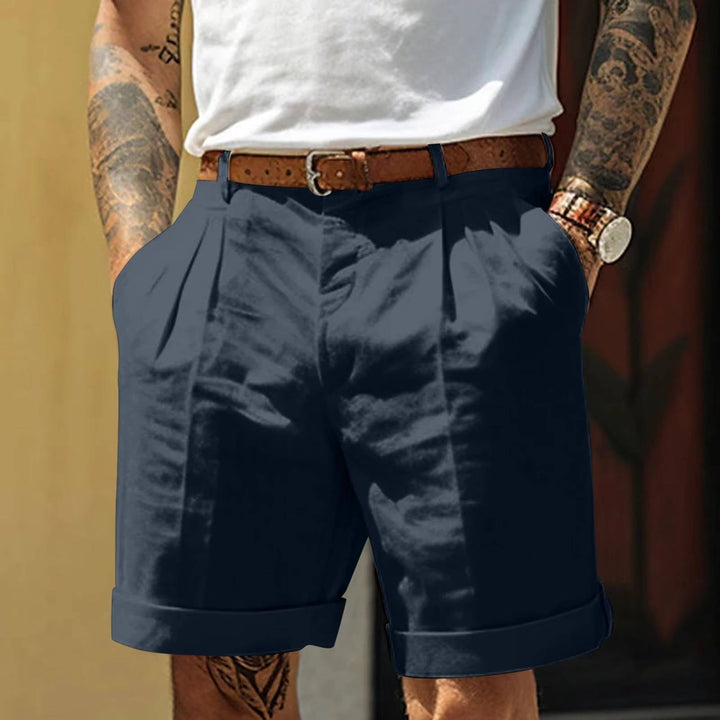 Grey men's smart casual tailored pleated shorts, refined fit, ideal for summer fashion & comfort.