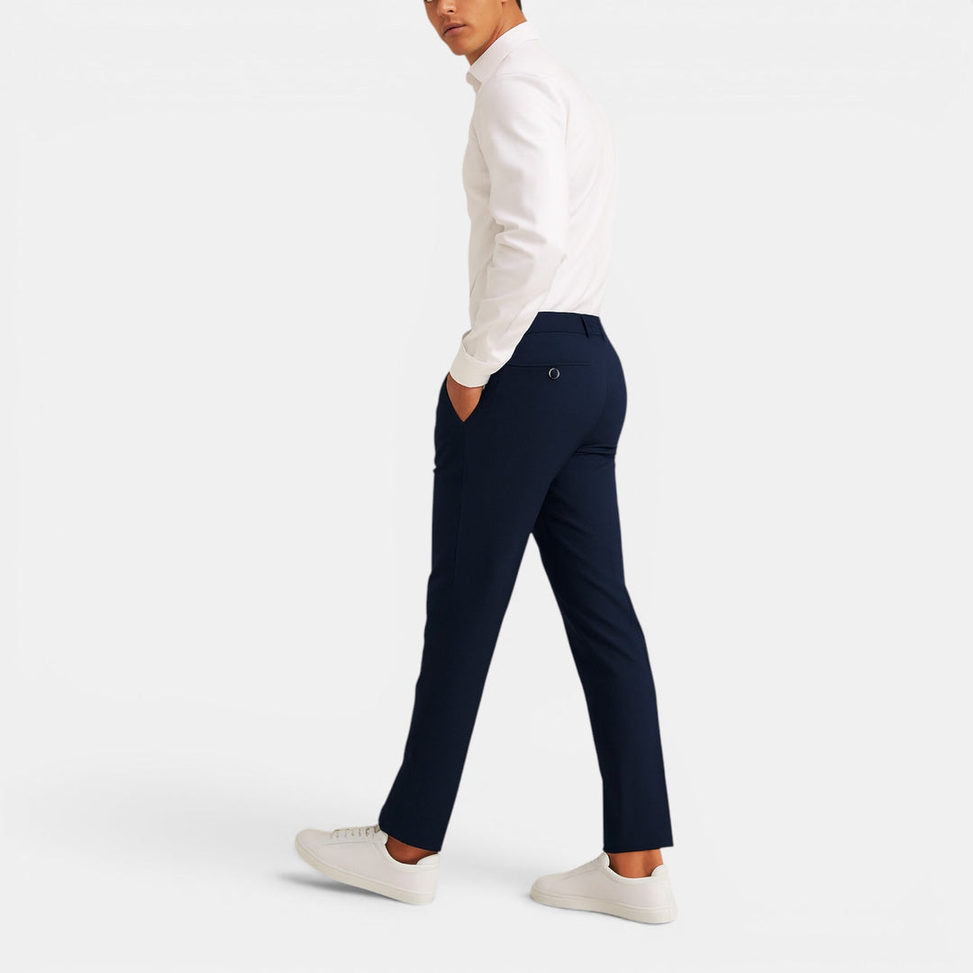 Tailored slim fit men's pants for business casual & formal wear. Modern style, great comfort & office attire.
