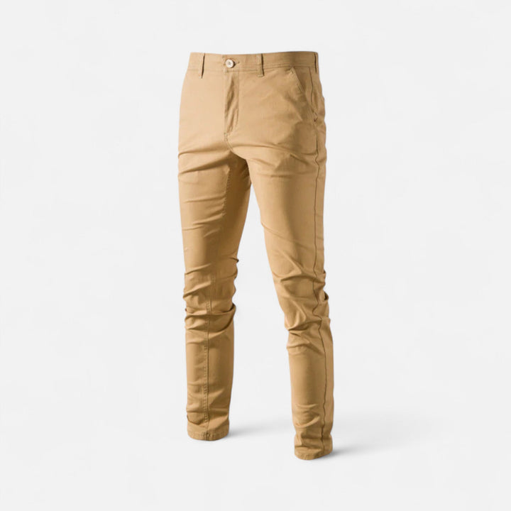 Tailored men's chinos, offering a smart casual look with supreme comfort.