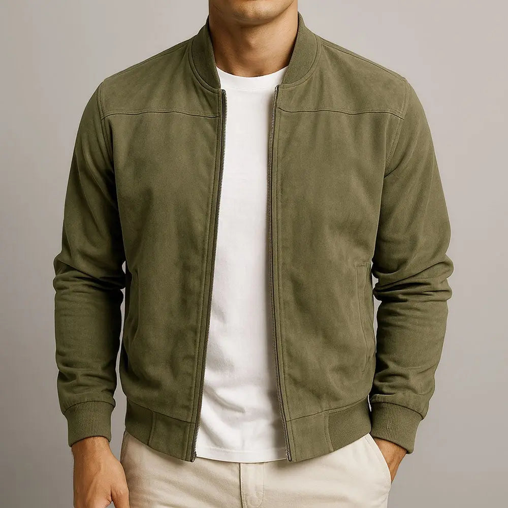 Fashionable men's suede bomber jacket, offering a minimalist yet modern look for urban and street style.