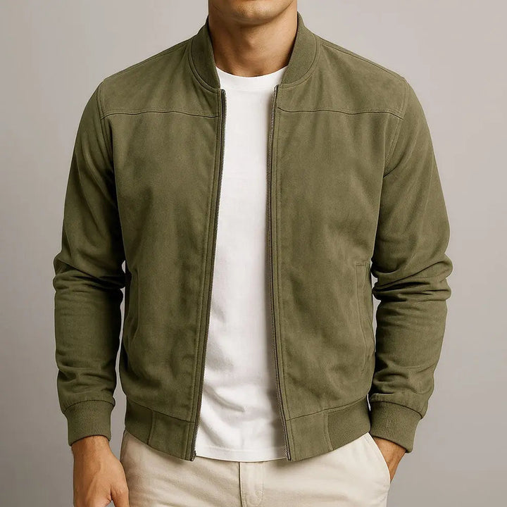 Fashionable men's suede bomber jacket, offering a minimalist yet modern look for urban and street style.