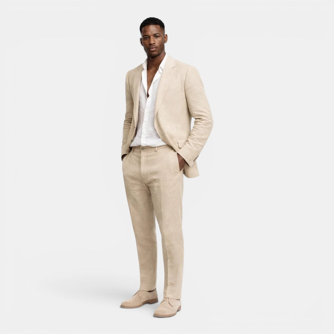 Lightweight men's tailored suit set for summer fashion. Blazer & pants offer casual elegance, versatile look.