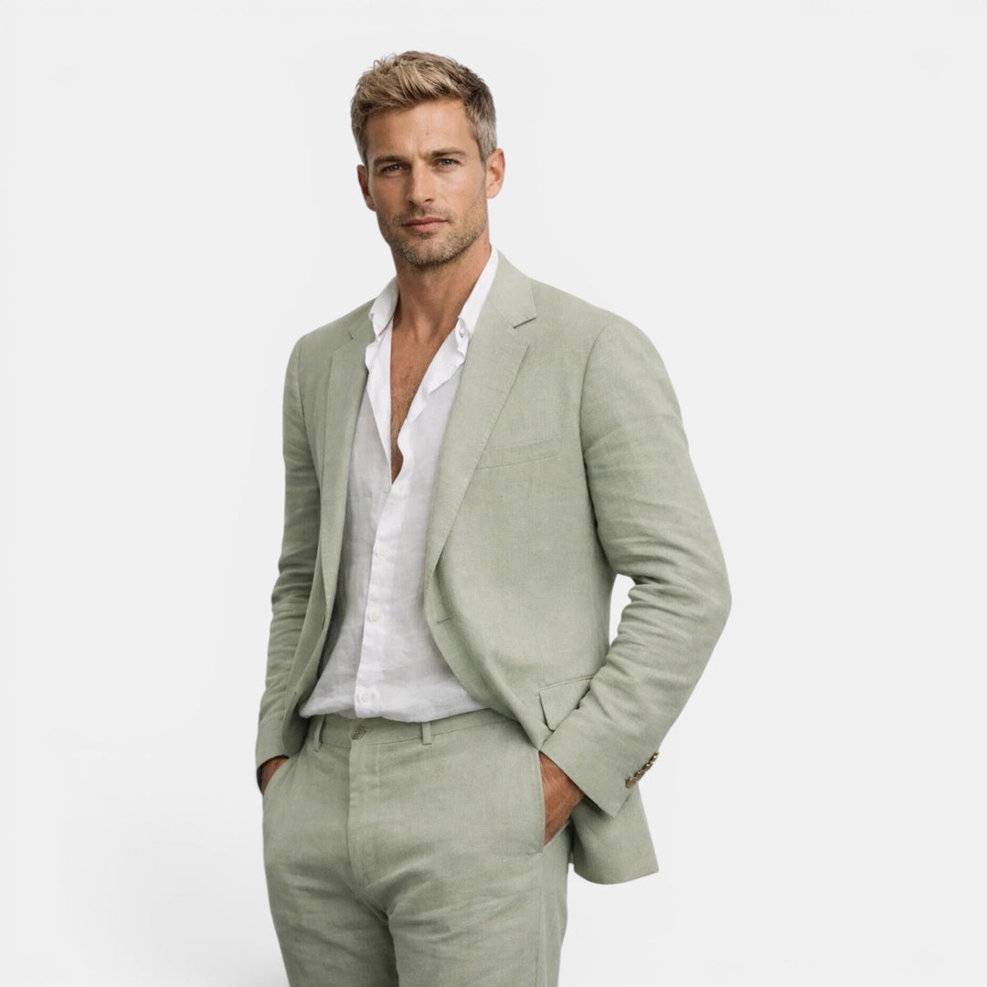 Refined men's tailored suit set, a two-piece blazer and pants outfit for sophisticated formal or casual wear.