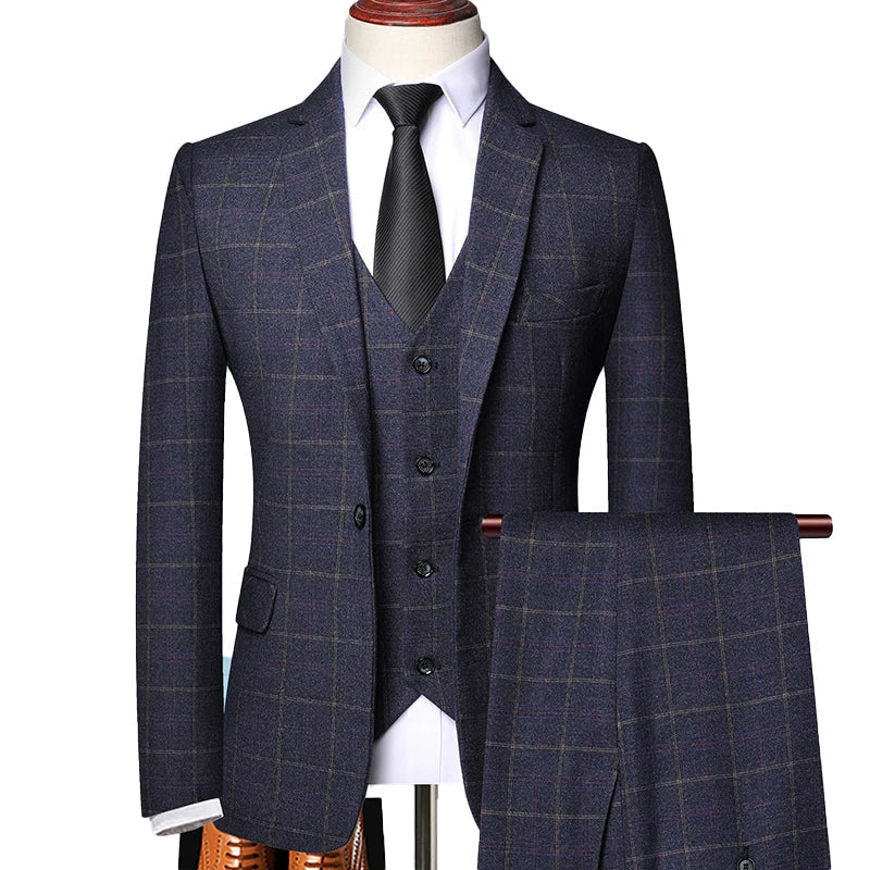 Men's tailored three-piece checked suit. Perfect formal attire for weddings, business, or special occasions.