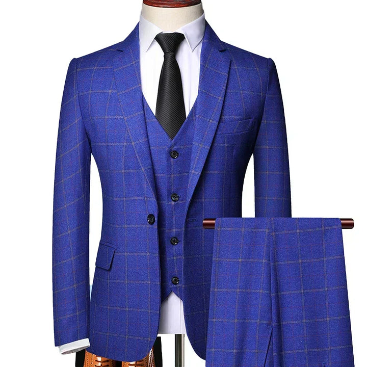 Full view of a men's three-piece formal checked suit, including the jacket, vest, and trousers, in a tailored fit.