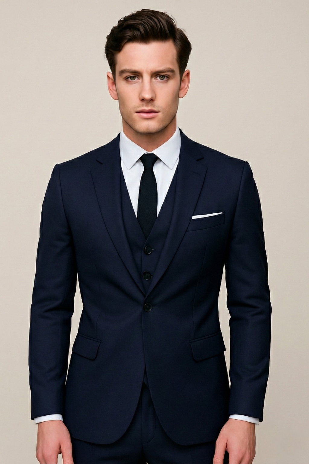 Men's tailored three-piece formal suit for spring weddings & special occasions. Includes jacket, vest, & trousers.