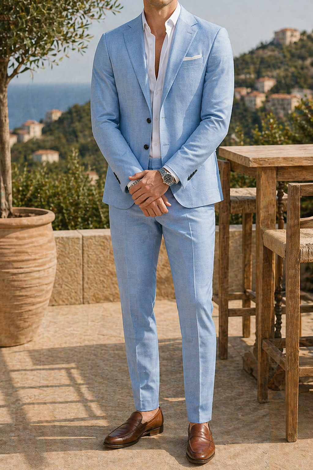 Close-up of a modern men's tailored two-piece suit, showcasing quality fabric & refined formal wear details.