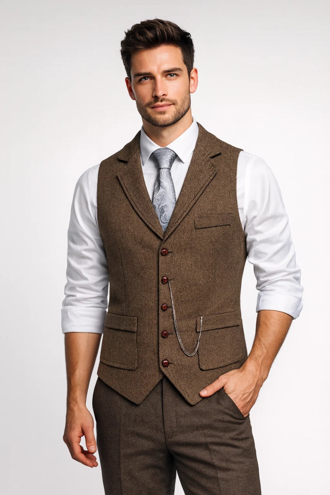 Men's tailored waistcoat with notch lapels and elegant chain detail, perfect for formal, business, or wedding outfits.