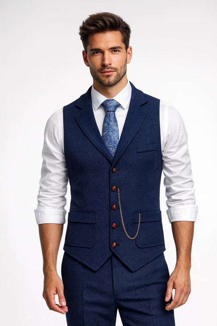 Brown tailored men's waistcoat, classic formal vest with notch lapels & sophisticated chain. Ideal for weddings & parties.