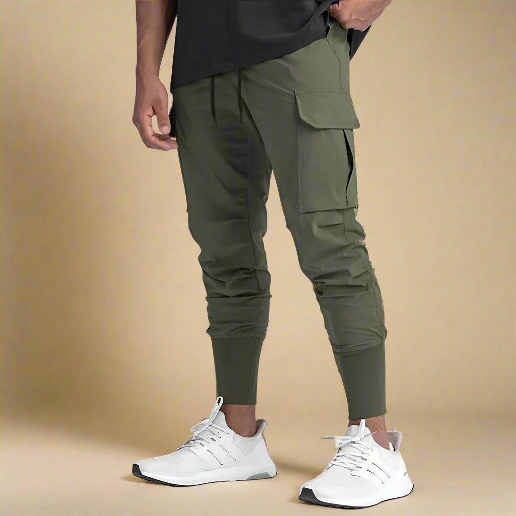 Men's athletic tapered quick-dry cargo joggers. Comfortable track pants with multi-pockets for active lifestyles.