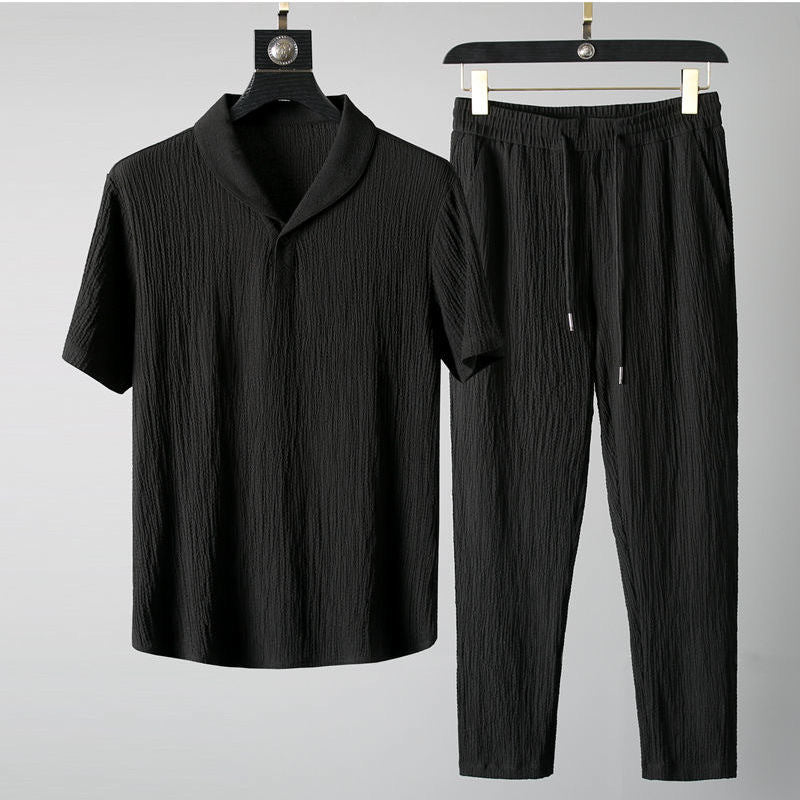 Men's textured casual co-ord set: relaxed summer shirt & tapered trousers. Perfect for comfortable, versatile style.