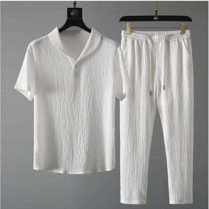 Stylish men's textured co-ord two-piece set. Relaxed fit summer shirt and casual tapered trousers.