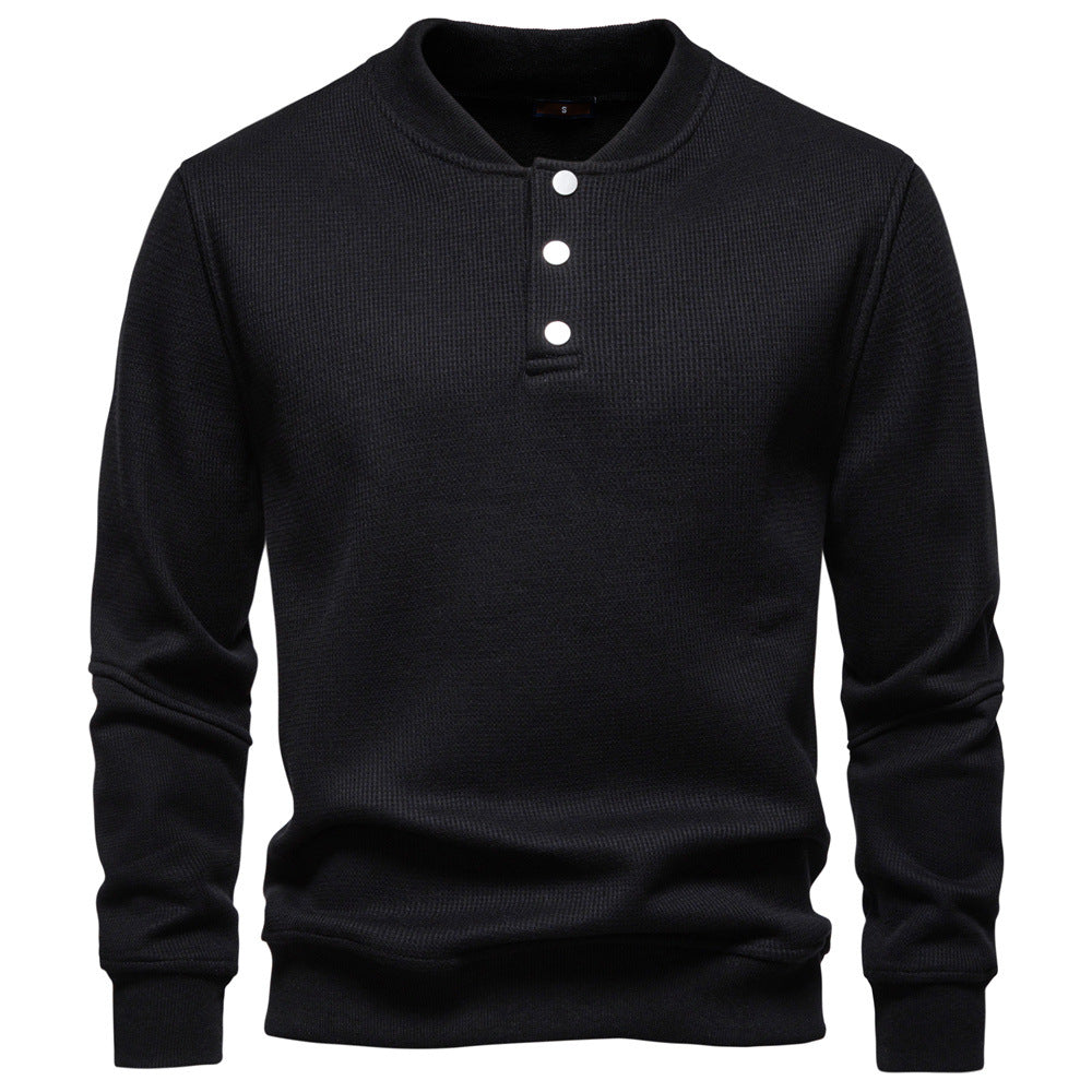 Fashionable men's textured henley sweatshirt, perfect for cool weather layering.