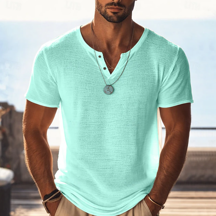 Men's textured Henley V-neck T-shirt, short sleeve, perfect for casual summer style and everyday wear.