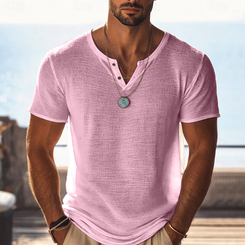 Relaxed fit men's textured Henley V-neck summer T-shirt, breathable fabric for comfortable everyday wear.