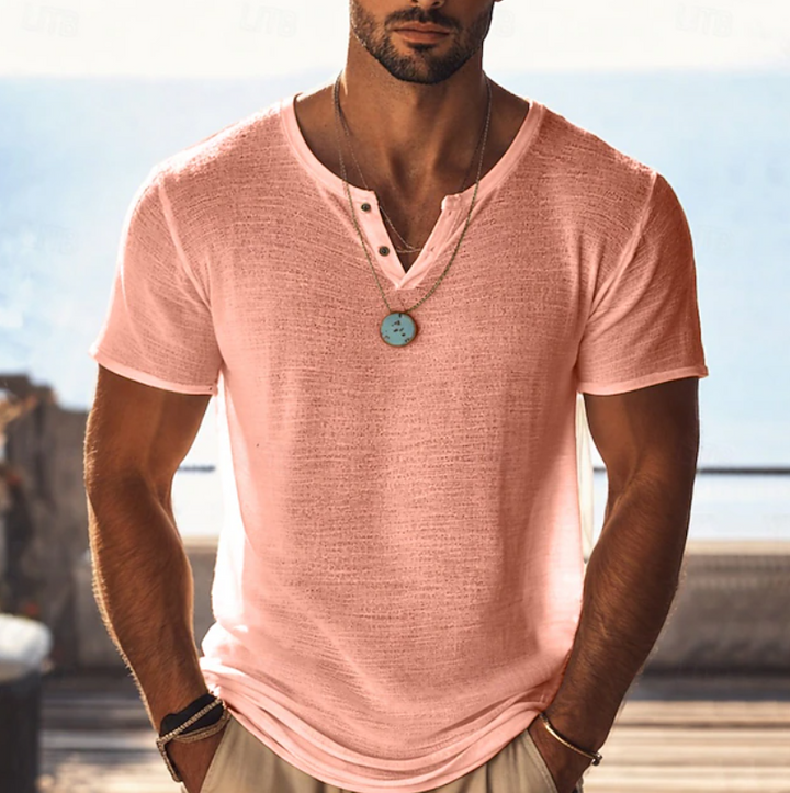 Close-up of a men's textured Henley V-neck summer T-shirt, highlighting the unique fabric and button placket.