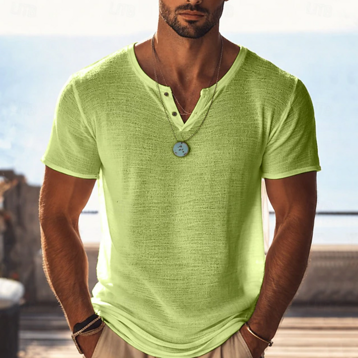 Modern men's short sleeve textured Henley V-neck T-shirt, a wardrobe essential for casual summer fashion.