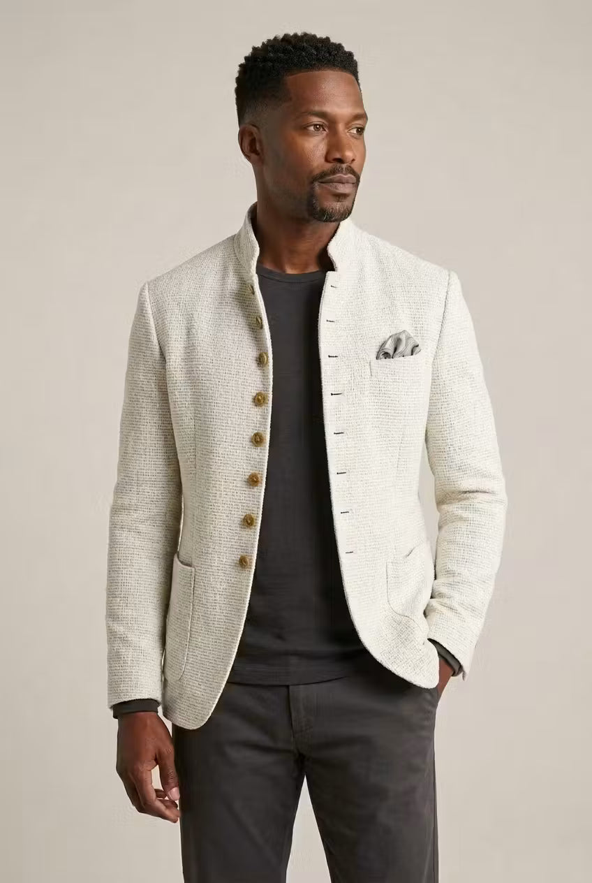 Men's textured mandarin collar blazer, ideal for smart casual or evening wear events.
