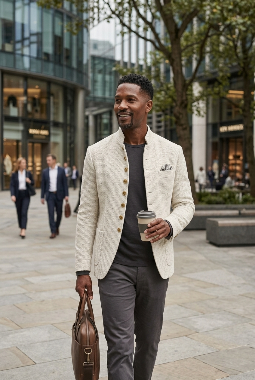 Modern men's single-breasted textured blazer with a stylish mandarin collar, perfect for formal occasions.