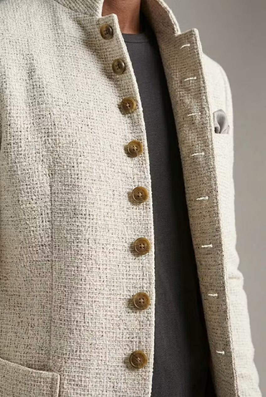 Close-up of the unique textured fabric and elegant mandarin collar on a men's structured blazer.