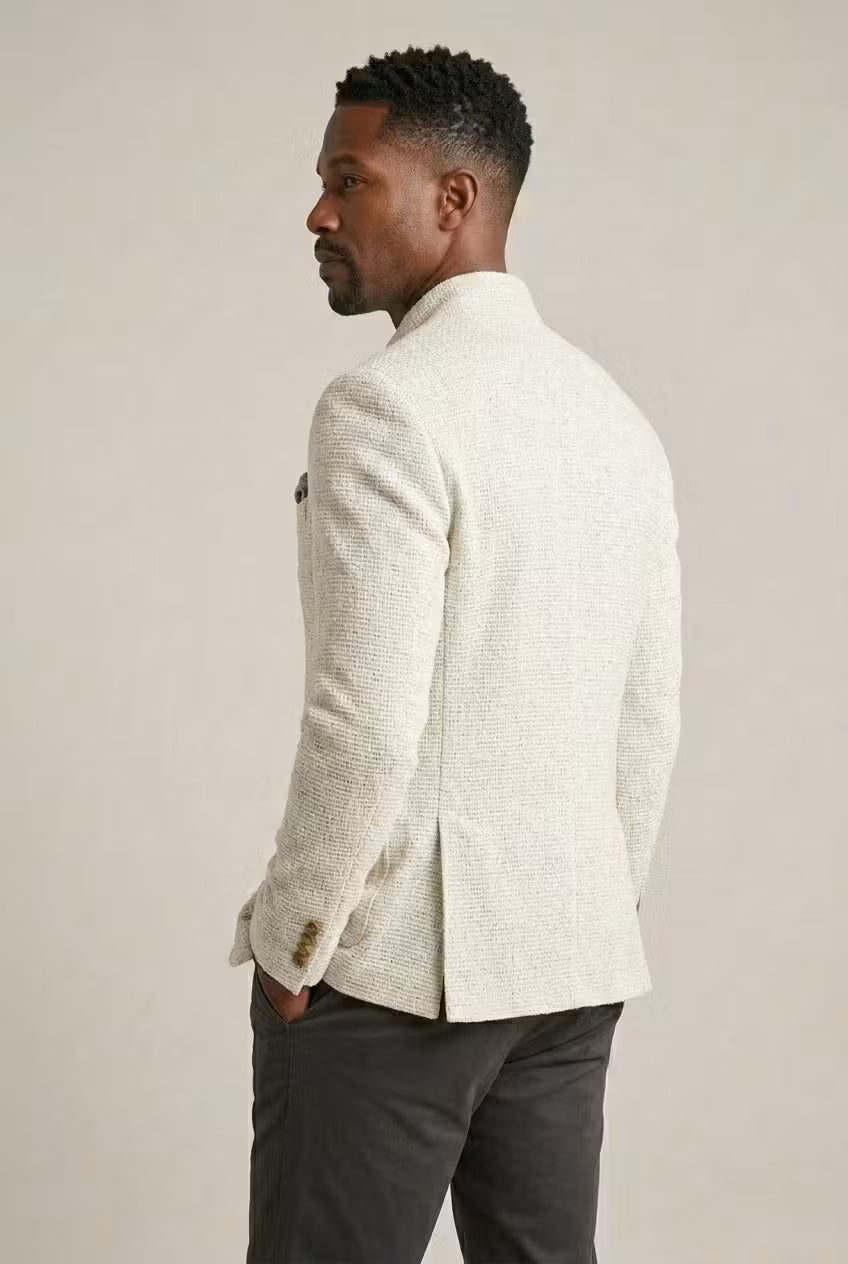 Stylish men's structured fit blazer featuring a contemporary mandarin collar and rich textured finish.
