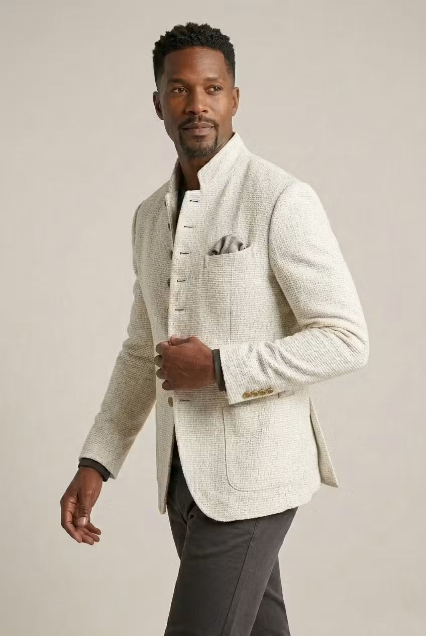 Sophisticated men's textured blazer with a sleek mandarin collar, excellent for events and modern fashion.