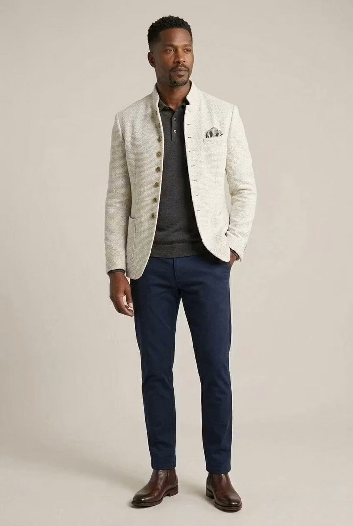 Versatile men's evening wear blazer, textured fabric and mandarin collar for a smart, modern look.