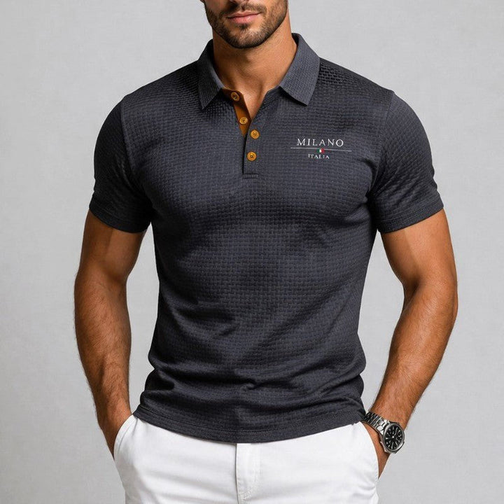 Full shot of a comfortable, smart-casual men's textured polo shirt, showcasing its versatile and modern style for everyday wear.